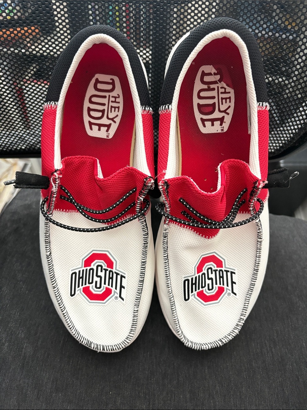 Hey Dude Slip-On Sneakers in White & Red with Ohio State Logo